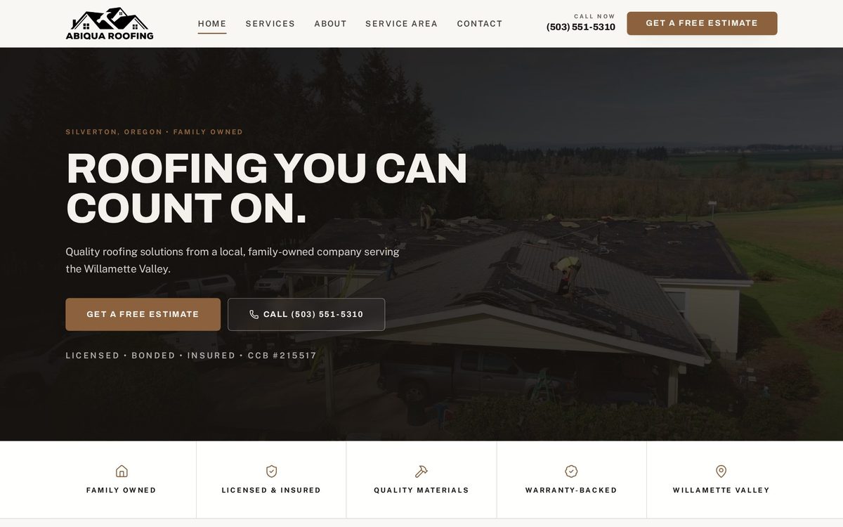 Abiqua Roofing website homepage