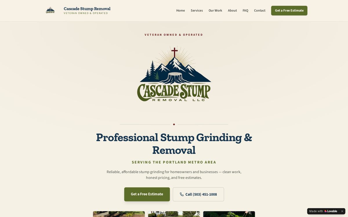 Cascade Stump Removal website homepage