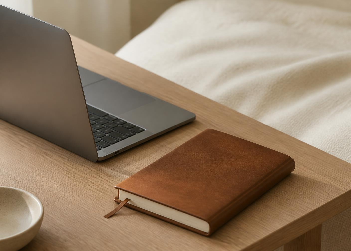 A laptop, notebook and coffee on a warm oak desk in a calm studio